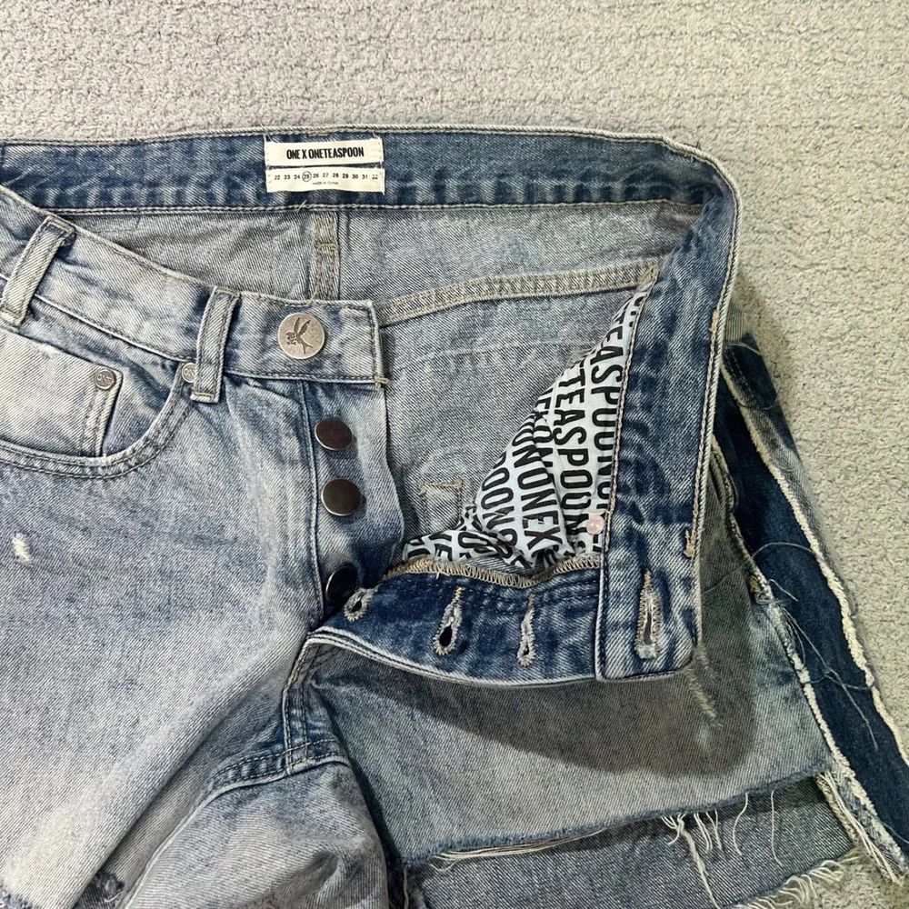 One x OneTeaspoon Denim Shorts Saints 25 Blue Distressed Two-Tone Raw Hem Grunge